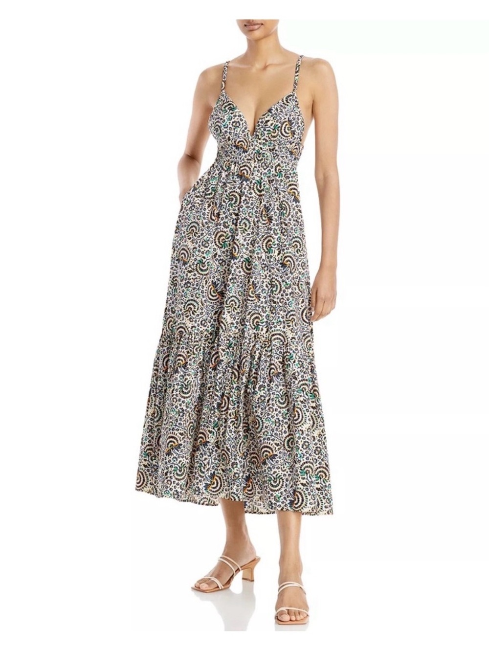A.L.C Rhodes Printed V-Neck Spaghetti Strap Printed Midi Dress in Multi Color